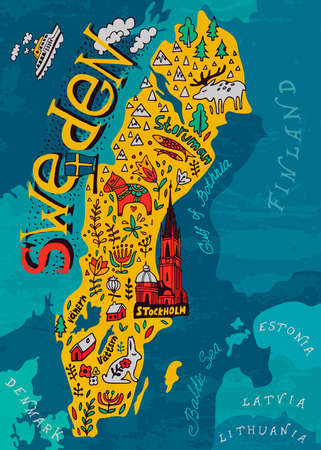 Illustrated map of Sweden. Travel and attractions Vector illustration.のイラスト素材