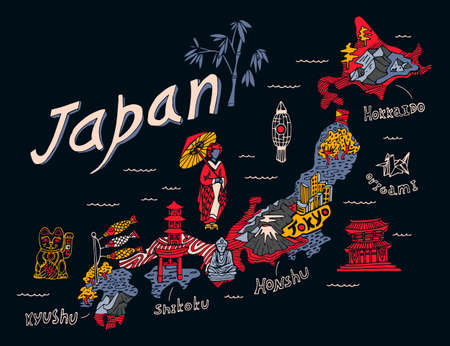 Illustrated map of Japan. Travel and attractions