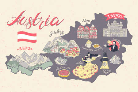 Illustrated map of Austria. Attractions and national symbols of the countryのイラスト素材