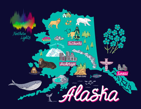 Illustrated map of  Alaska, USA. Travel and attractions.のイラスト素材