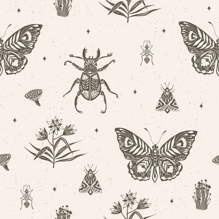 Seamless pattern with butterflies, insects and plants. Suitable for wrapping paper, leanen, textiles. Ecostyle.のイラスト素材