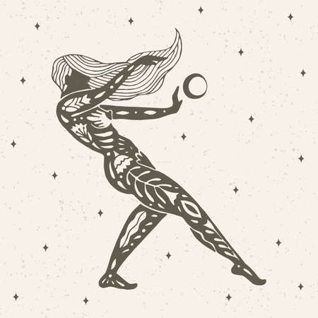Hand-drawn art nouveau illustration. Dance of the girl with the moon. Suitable for printing on postcard, t-shirt, bag, interior.のイラスト素材