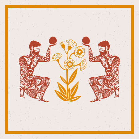 Hand-drawn art nouveau illustration with man and flower. Worship of nature. Suitable for printing on a card, t-shirt, bag, interior.のイラスト素材