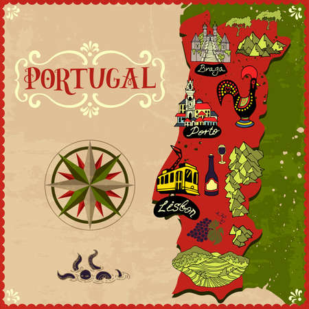 Illustrated map of Portugal. Landmarks and national symbols of the countryのイラスト素材