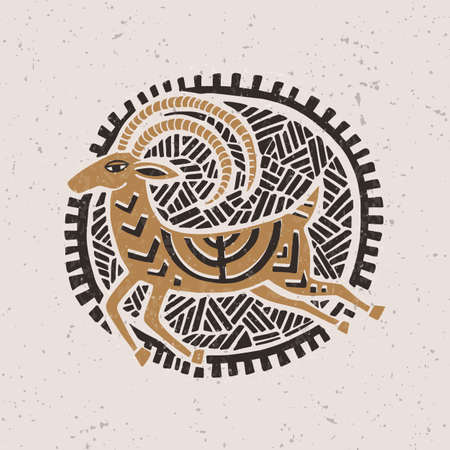 Illustration with a stylized gazelle in the technique of linocut. Can be used as a stamp on clothing, postage stamp, postcardのイラスト素材