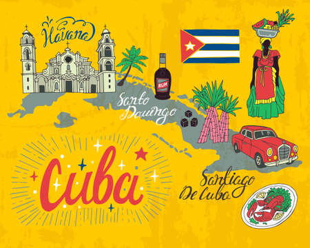 Illustrated tourist map of Cuba. Attractions and national features of the countryのイラスト素材