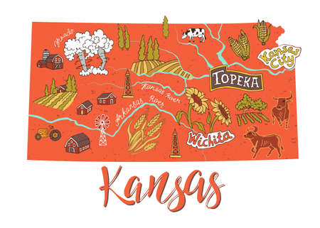 Illustrated map of Kansas, USA. Travel and attractions. Souvenir printのイラスト素材