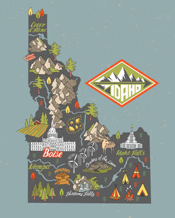 Illustrated map of Idaho, USA. Travel and attractions. Souvenir printのイラスト素材
