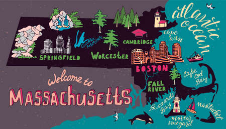 Illustrated map of Massachusetts state, USA. Travel and attractions. Souvenir print