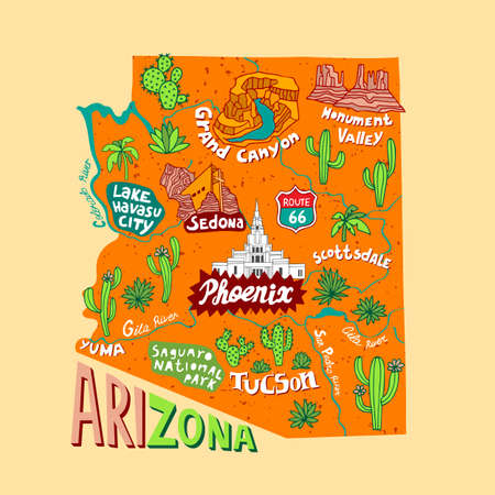 Illustrated map of Arizona state, USA. Travel and attractions. Souvenir printのイラスト素材