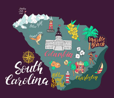 Illustrated map of South Carolina, USA. Travel and attractions. Souvenir printのイラスト素材