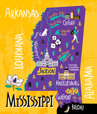 Illustrated map of Mississippi state, USA. Travel and attractions. Souvenir printのイラスト素材