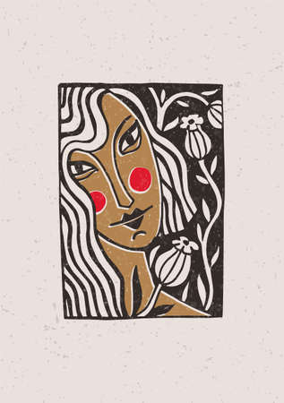 Illustration with a portrait of a girl in flowers. The drawing can be used in covers, postcards, postage stamps and as an ex-librisのイラスト素材