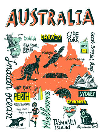Illustrated hand-drawn typographic poster about Australia. Travel and attractions. Souvenir printのイラスト素材