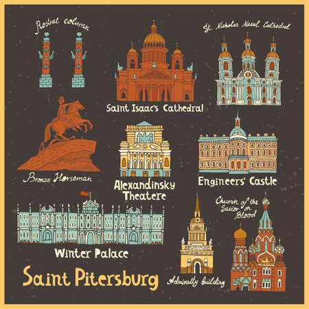 Set of hand drawn landmarks of St. Petersburg, Russia. set of icons with national elements and symbols.のイラスト素材