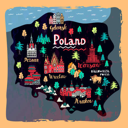 Illustrated map of Poland. Set of national symbols and elements of architecture and cultureのイラスト素材
