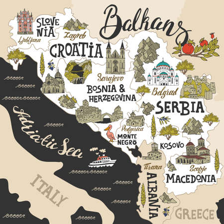 Cartoon map of Balkans. Travel and attractions of Eastern Europeのイラスト素材