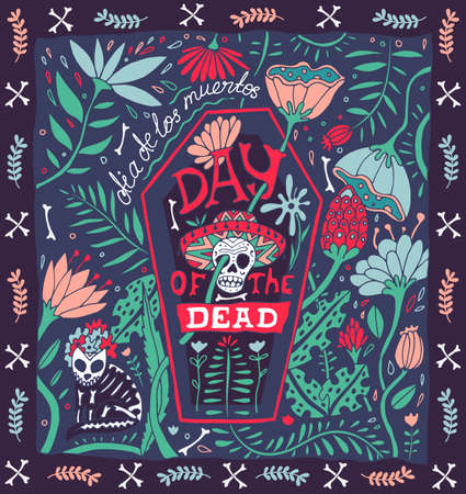Hand-drawn illustration for Day of the Dead holiday. Floral ornament with skull and bones. Mexican national flavorのイラスト素材