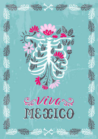 Viva Mexico. Illustrated vector template in Mexican style. Heart and cross. Suitable for postcards, posters, clothing printsのイラスト素材