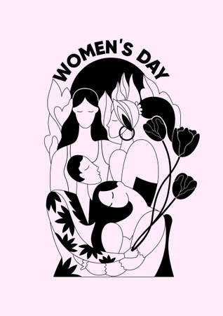 International Women's Day. 8th March. Template for cards, posters, invitations. Tender illustration with the girls and flowersのイラスト素材
