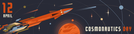 Cosmonautics Day. 12 april. International Day of Human Space Flight. Illustration in Soviet retro...