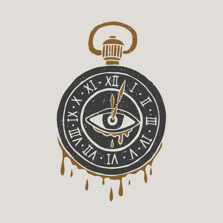 Black and white illustration with vintage ominous pocket watch. Day of the Dead. Halloween. Drawing...