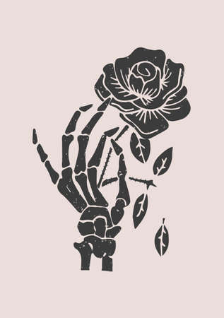 Black and white illustration with a skeleton hand holding a rose. Day of the Dead. Halloween. Drawing for souvenirs and tattooのイラスト素材