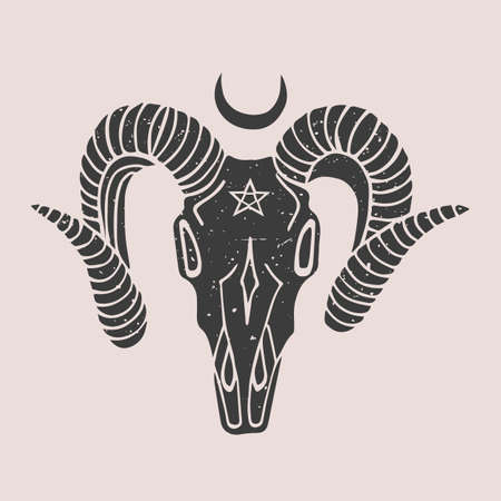 Black and white illustration with a goat skull, a sacred occult symbol. Day of the Dead. Halloween. Drawing for souvenirs and tattooのイラスト素材
