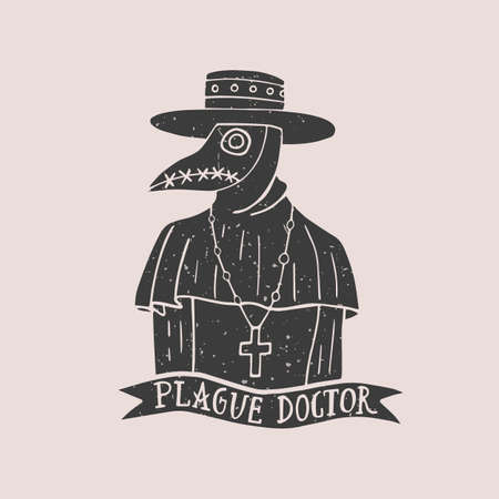Black and white illustration with the plague doctor. Day of the Dead. Halloween. Drawing for souvenirs and tattooのイラスト素材