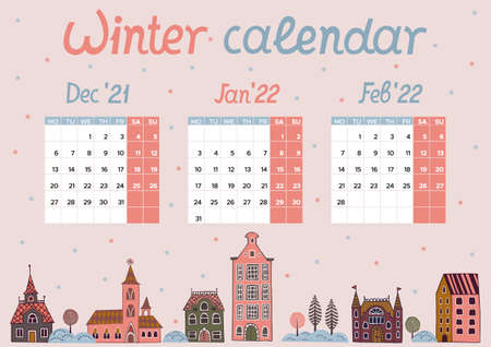 Seasonal calendar. Winter. Divider sheet for the diary. Hand-drawn landscape with cozy houses.のイラスト素材
