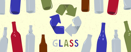 Waste recycling. Banner with glass bottles. Eco-friendly environment. Doodle vector illustration.のイラスト素材