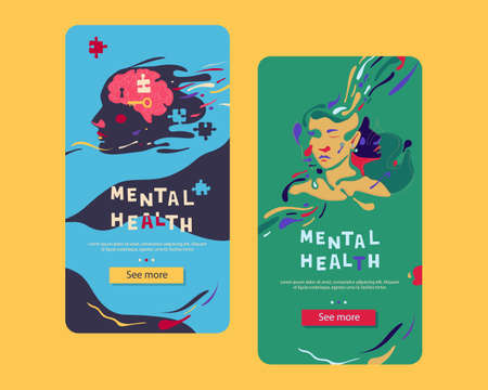 A set of landing pages for applications in a smartphone. mental health. Banners with abstract human faces. world health day.のイラスト素材