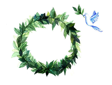 Watercolor wreath circle frame of spices with the green floral branches isolated on white background. Illustration for banner, greeting cards, website, poster.の写真素材