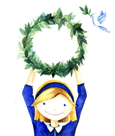 Pretty cute smiling little girl holding a circle wreath frame of branches with leaves. Watercolor charity illustration for banners, greeting cards, website, broshure.の写真素材
