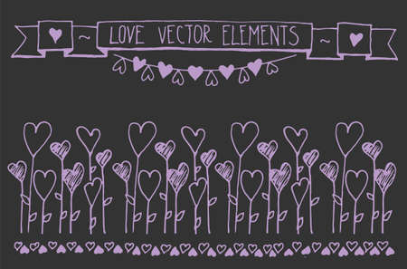Card with the contours of the doodle hearts. Vector abstract floral decorative background with hearts.のイラスト素材