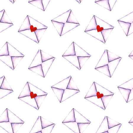 Seamless pattern with old-fashioned mail envelopes painted in watercolor isolated on white background. Seamless pattern with watercolor vintage mail envelopes, hand drawn on a white backgroundの写真素材