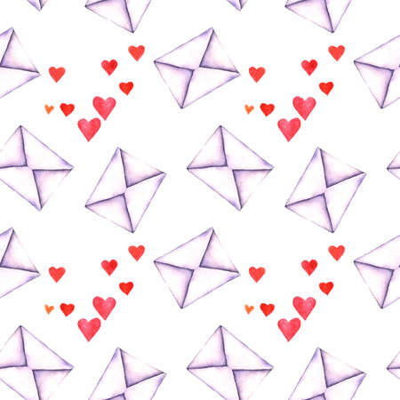 Seamless pattern with old-fashioned mail envelopes painted in watercolor isolated on white background. Seamless pattern with watercolor vintage mail envelopes, hand drawn on a white backgroundの写真素材
