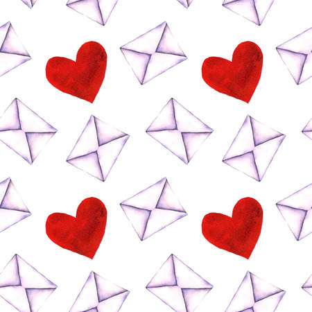 Seamless pattern with old-fashioned mail envelopes painted in watercolor isolated on white background. Seamless pattern with watercolor vintage mail envelopes, hand drawn on a white backgroundの写真素材