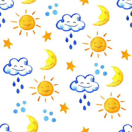 Weather watercolor pattern. Cute sun, moon, star, drops, and cloud. Watercolor hand painted illustration. Isolated on white backgroundの写真素材
