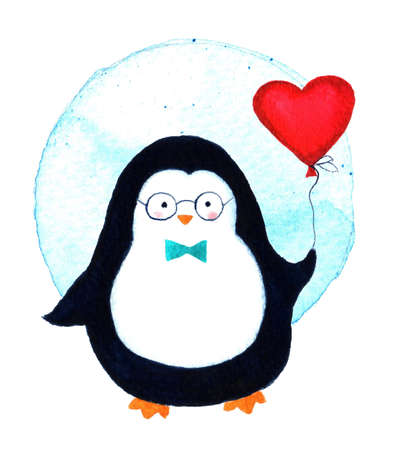 Cartoon penguin for babies and little kids. Cartoon penguin character. Beautiful template greeting card with penguin illustration. Watercolor illustration isolated on white backgroundの写真素材