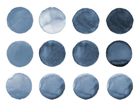 Set of colorful watercolor hand painted circle isolated on white. Watercolor Illustration for artistic design. Round stains, blobs of greyの写真素材