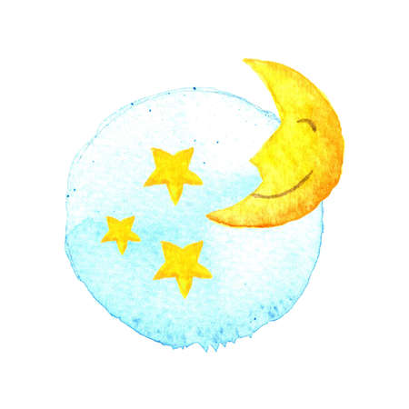 The moon and stars on painted watercolor. Moon and stars icon. Sleep dreams symbol. Night or bed time sign. Moon Stars Baby Blue Yellow Watercolor Hand-painted Illustration Isolatedの写真素材
