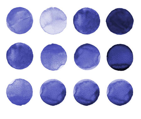 Set of colorful watercolor hand painted circle isolated on white. Watercolor Illustration for artistic design. Round stains, blobs of dark blue, purple colorの写真素材