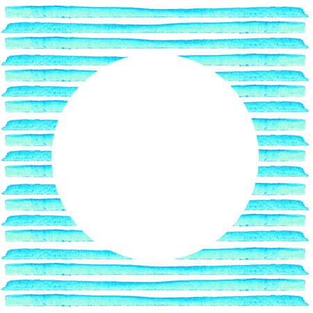 White Circle on blue stripe painted in watercolor. Watercolor creative greeting cards template. Retro style background. Element design for posters, stickers, banners, invitations, wedding.の写真素材