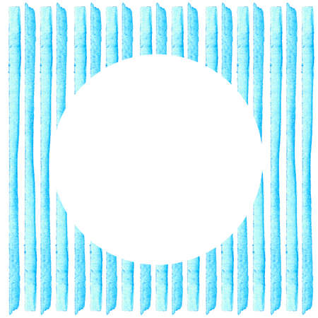 White Circle on blue stripe painted in watercolor. Watercolor creative greeting cards template. Retro style background. Element design for posters, stickers, banners, invitations, wedding.の写真素材