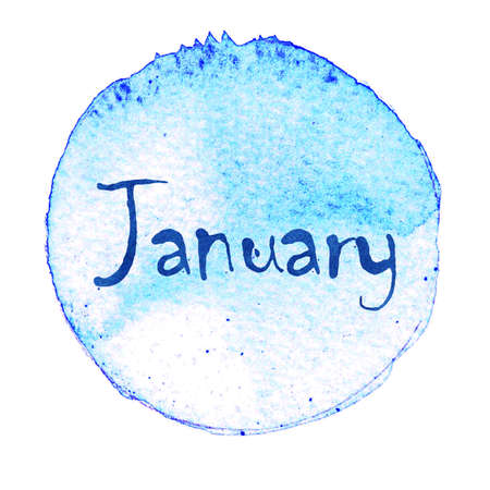 Blue watercolor circle with word January isolated on a white background. Watercolor. Sticker, label, round shape with the name of the month of Januaryの写真素材