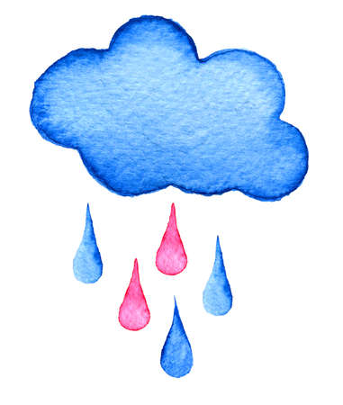 Hand painted watercolor cloud and rain drops isolated on whiteの写真素材