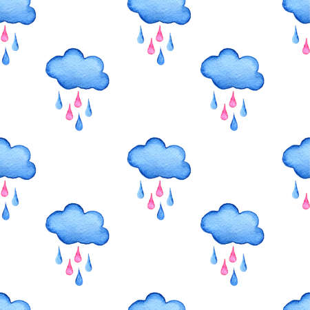 Blue watercolor clouds and raindrops background. Hand painted cloud isolated on white.の写真素材