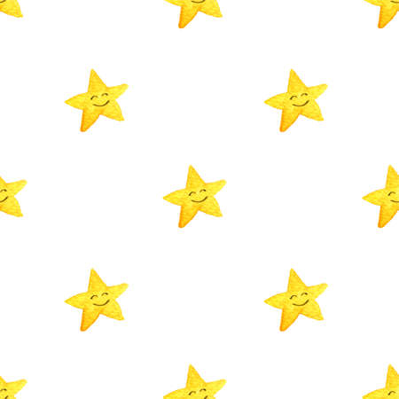 Yellow watercolor stars background Isolated on white background. Yellow and green stars. Hand painted watercolor drawing.の写真素材