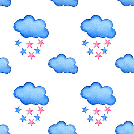 Blue watercolor clouds and stars background. Hand painted watercolor cloud isolated on white. Blue sky cloud. Watercolor drawing.の写真素材